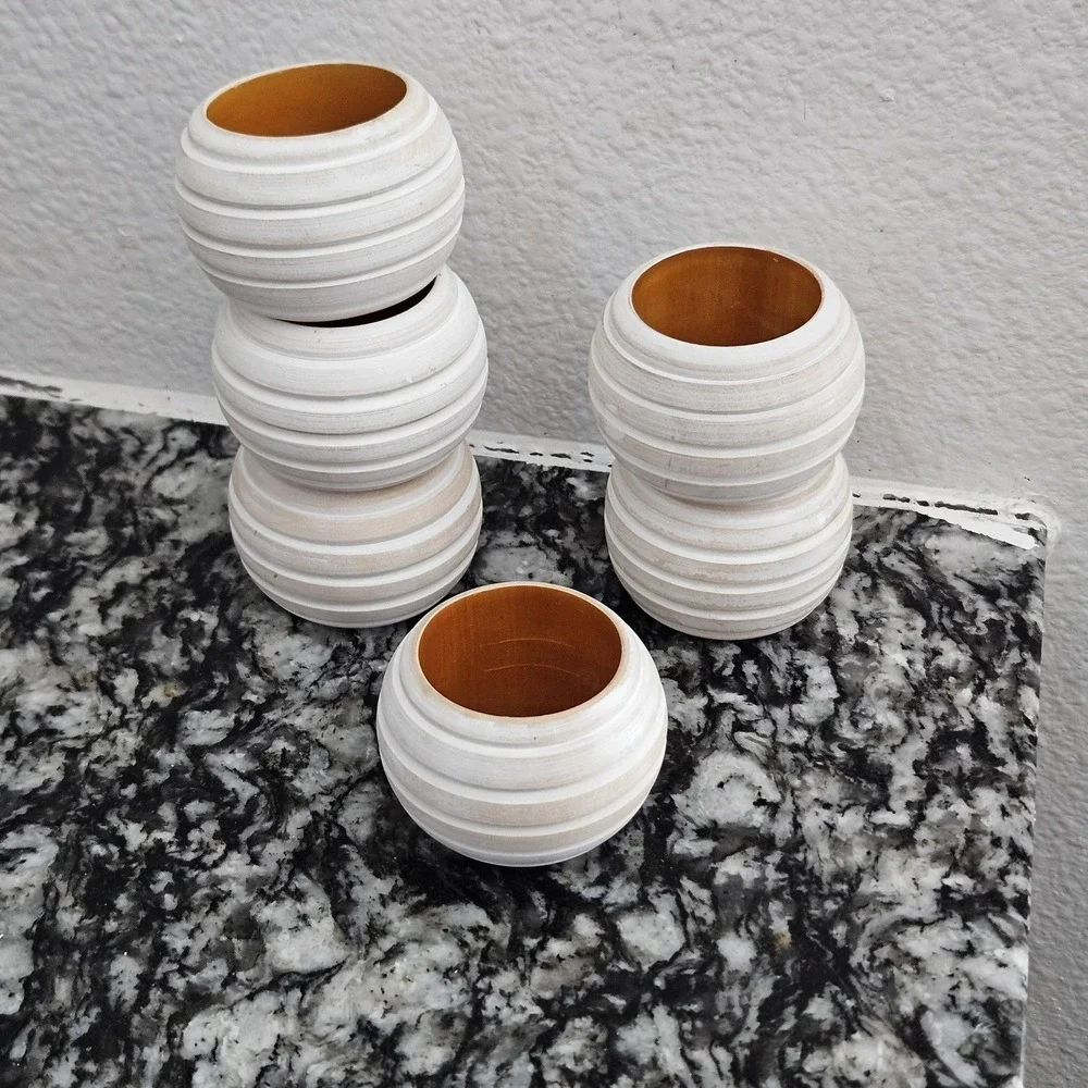 Set of 6 Whitewashed Ribbed Wood Napkin Rings Beehive Spherical Farmhouse Boho